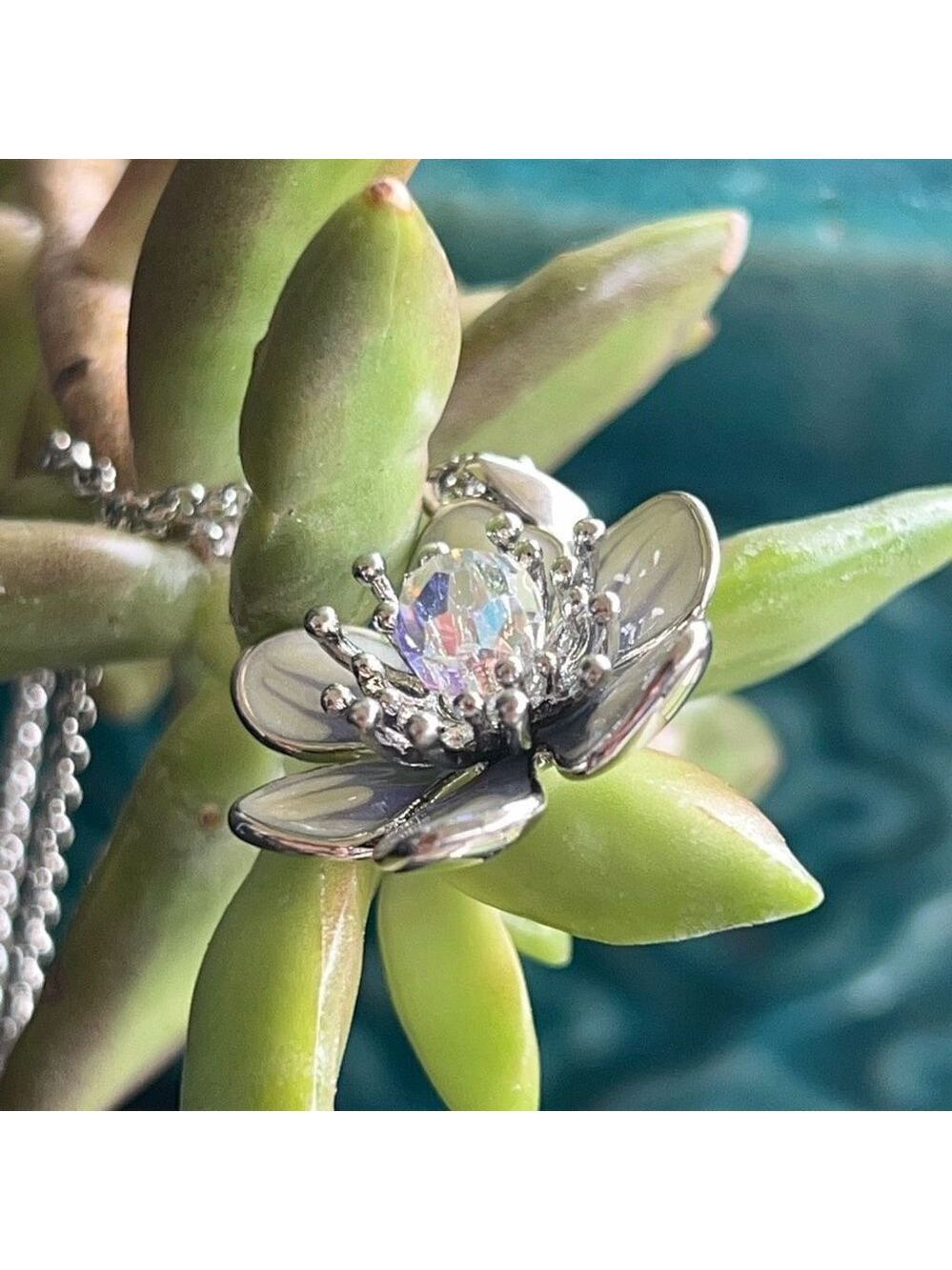 Eternal Bloom Necklace Silver Enamel Clear Faceted Swarovski Crystal - Picture 3 of 9